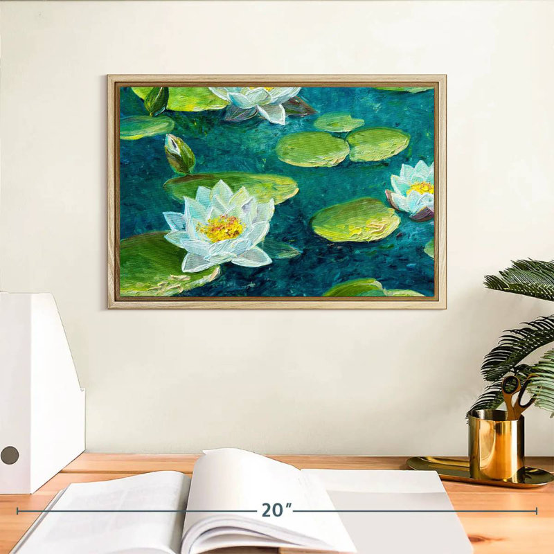 Fleur de nénuphar, 13 po x 9 po, Cadre flottant en bois naturel