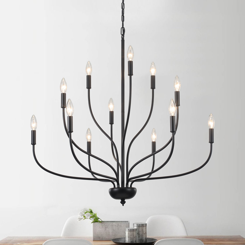 Lustre de style bougie classique / traditionnel 12 lumières à 3 niveaux Sebron, Noir mat, 12 lumières