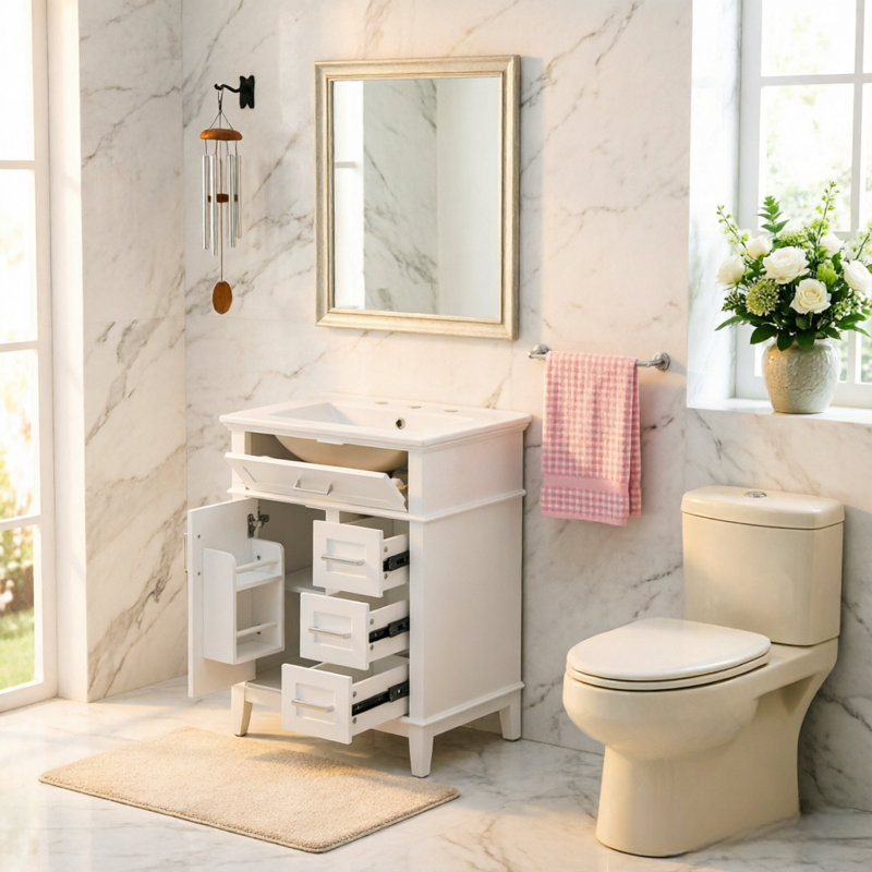 Meuble-lavabo moderne de 61 cm (24 pouces) avec lavabo en céramique, structure en bois massif et caisson en MDF, 1 porte, 1 tiroir abattant et 3 tiroirs, charnières à fermeture amortie, tablette réglable, poignées argentées, blanc