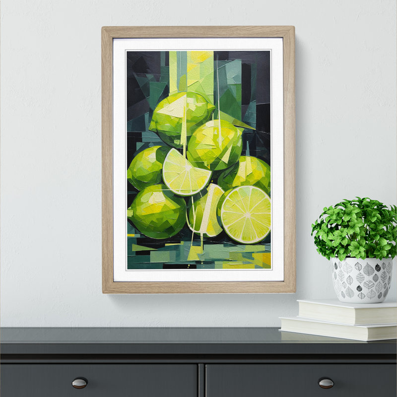Sliced Lime Cubism - Single Picture Frame Print on Wood, 64cm H x 46cm W x 2cm D, Oak