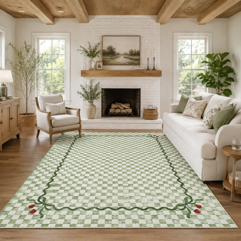 Tapis lavable en faux cerisier Coquette Gingham Cherry avec envers antidérapant, Vert, 9 x 12 pi
