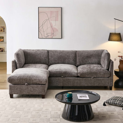 Canapé modulaire 96,5 po pour salon, canapé rembourré en chenille douce avec rangement, 3 places avec deux repose-pieds, design en forme de U