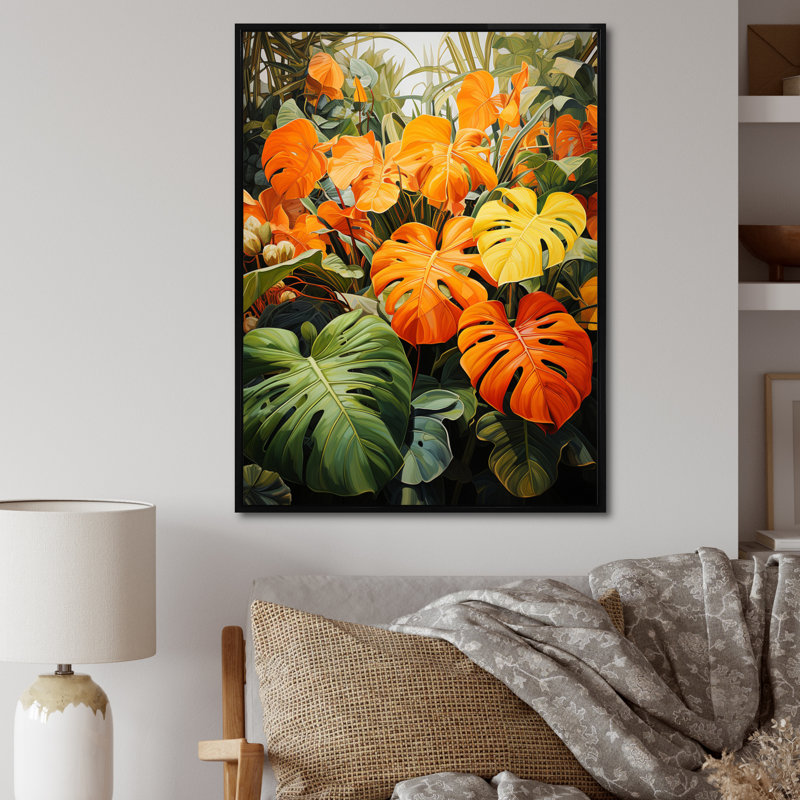 Feuillage tropical orange et vert II, H 20 po x l 12 po x P 1 po, Cadre flottant noir