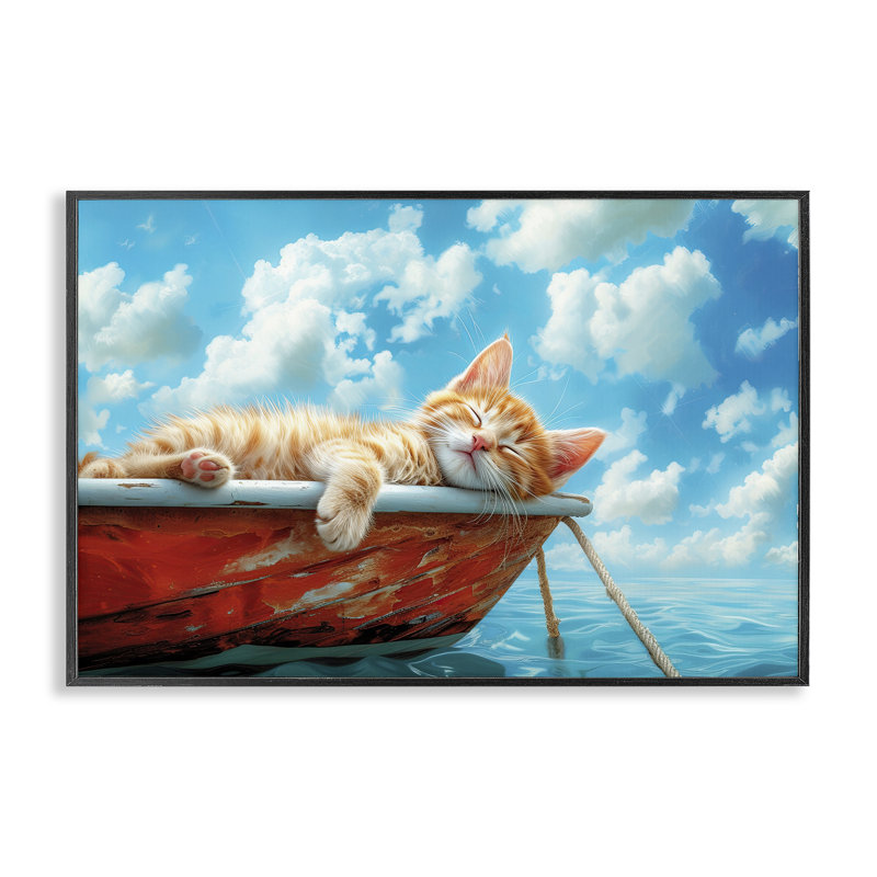 Giclée encadrée de chat endormi sur un bateau, par Parable Visions, H 12 po x l 18 po, Giclée encadrée noir minuit