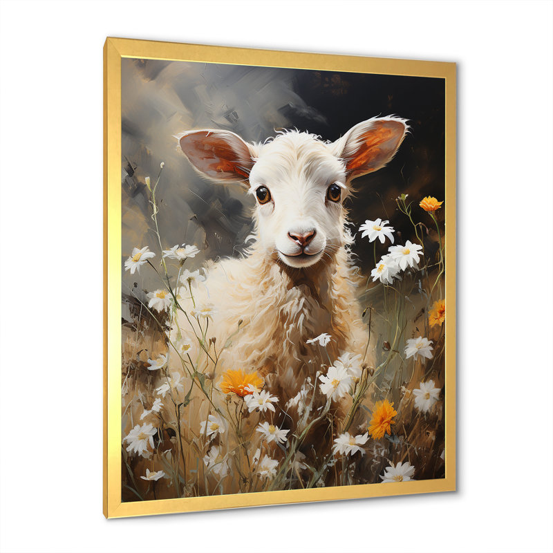 Chèvre blanche, prairie florale I - Chèvre, art mural, Cadre doré simple, H 32 po x l 24 po x P 1 po