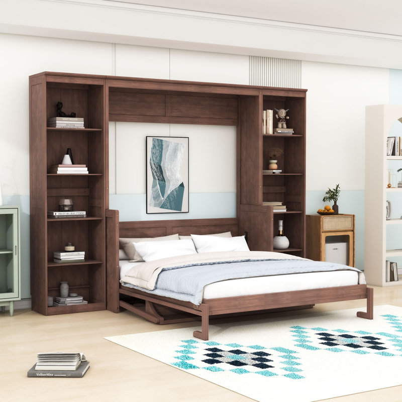 Lit escamotable avec bureau et tablettes de rangement multiples, Grand lit
