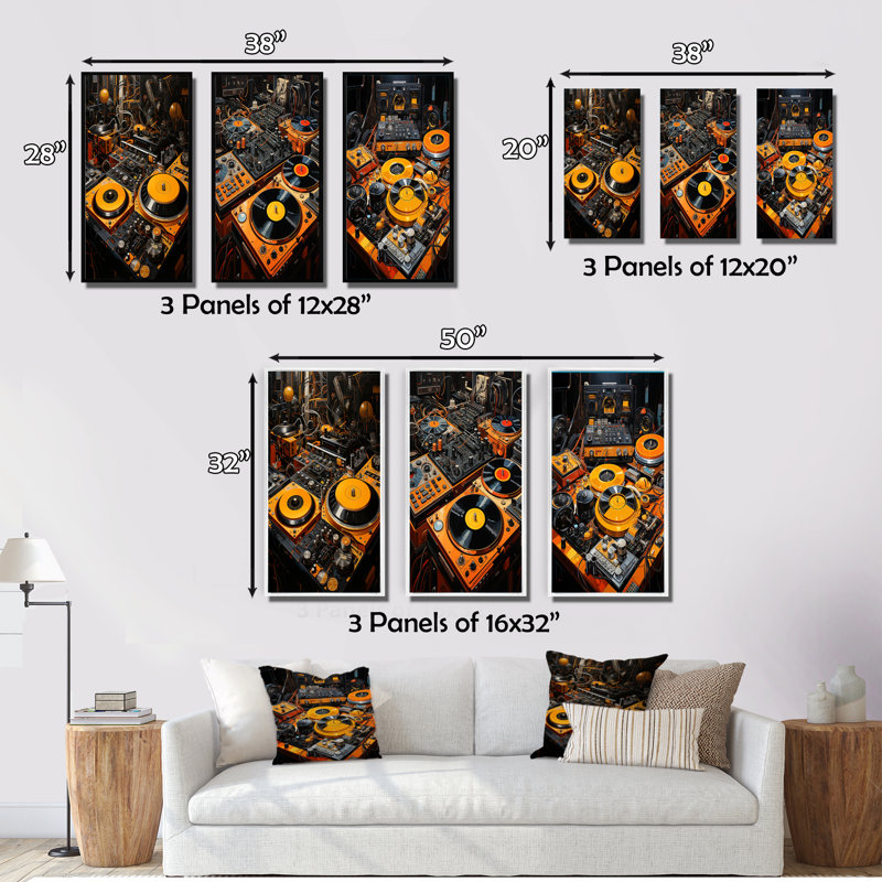 «Yellow Turntables Boom Boxes», 3 pièces sur toile, H 32 po x l 48 po, Toile tendue