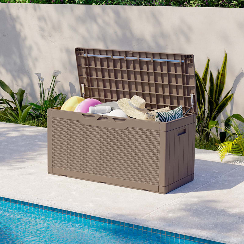 Light Brown Lockable Wicker Resin Deck Box, 100 Gallon