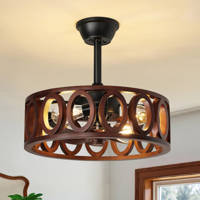 19" Rustic Walnut Finish Enclosed Ceiling Fan with Light, 6-Speed Reversible Fan with Timer