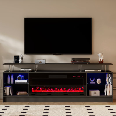 Meuble télé 70 po pour téléviseur de 80 po ou moins avec foyer électronique et tablettes réglables en verre