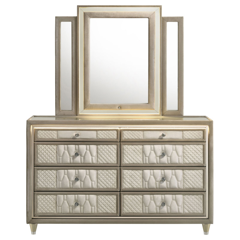 Commode 8 tiroirs avec miroir DEL, Ivoire ivoire