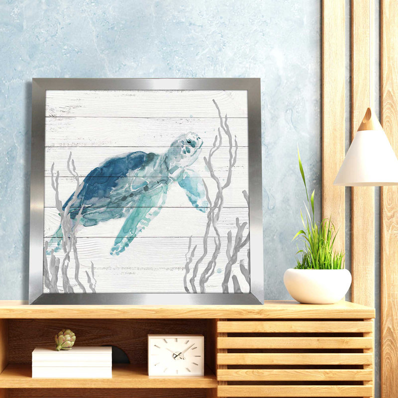 «Aqua Turtle I» par Carol Robinson - Peinture, L 31,5 po x H 31,5 po, Encadrement argenté