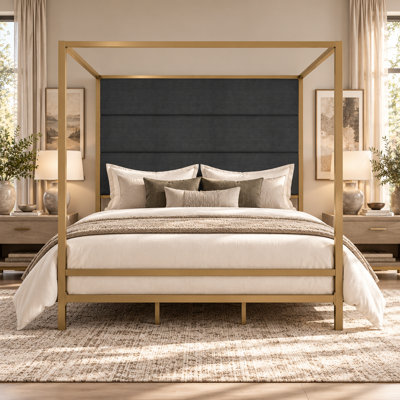 Haven Modern Upholstered Canopy Queen Bed with Tall Linen Headboard and Gold Metal Frame