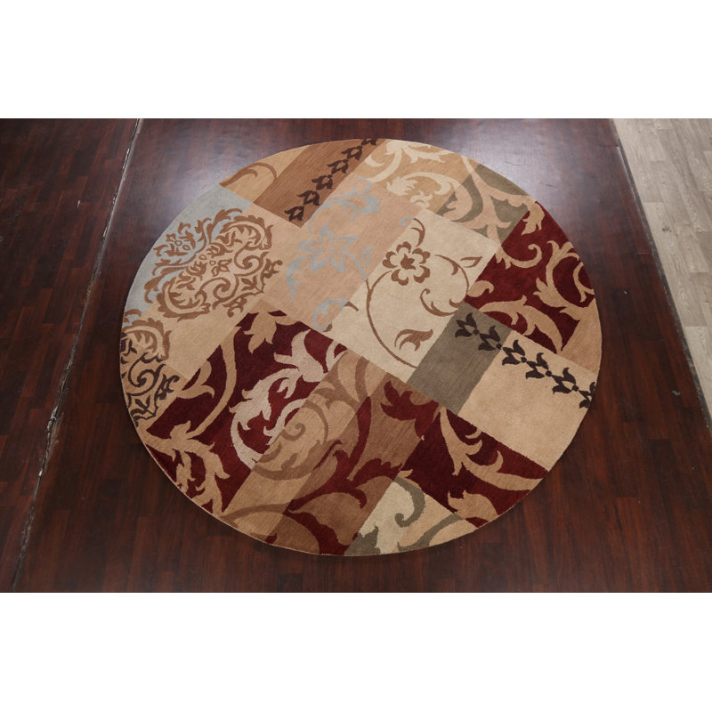 Tapis beige / rouge / brun en laine touffeté à la main Floral, Rond 10 pi