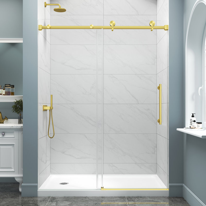 43"-48" W x 72" H Single Sliding Frameless Shower Door in Brushed Gold with 1/4" (6mm) Clear Tempered Glass, Stainless Steel Frame, Large Handle
