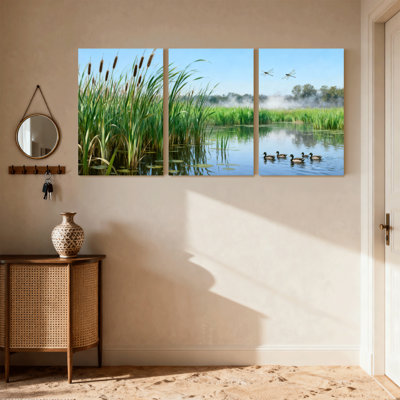 Scenic & Cityscapes Serene Lake Reeds Ducks Morning Mist Reflections Nature Scene Set of 3 Canvas Wall Art Prints