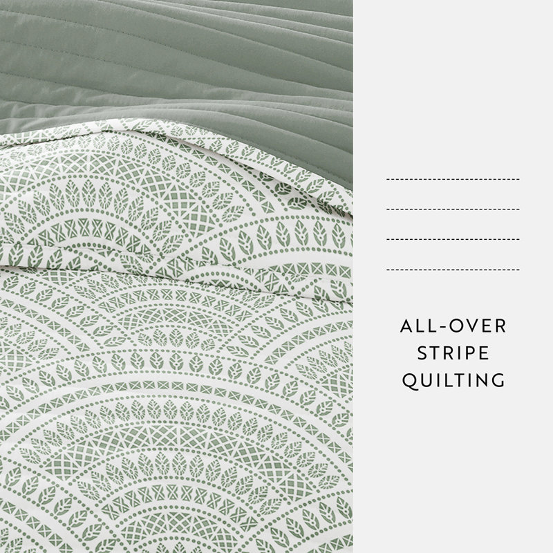 Quilt Coverlet Set All Season Patterned Reversible Microfiber Ultra Soft Bedding in Scalloped, Green