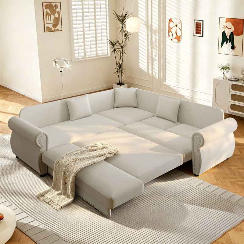 Pull-Out Sofa Bed Sectional,Chenille Modular Sleeper Sectional L Shaped Couch Sofa Bed, Beige