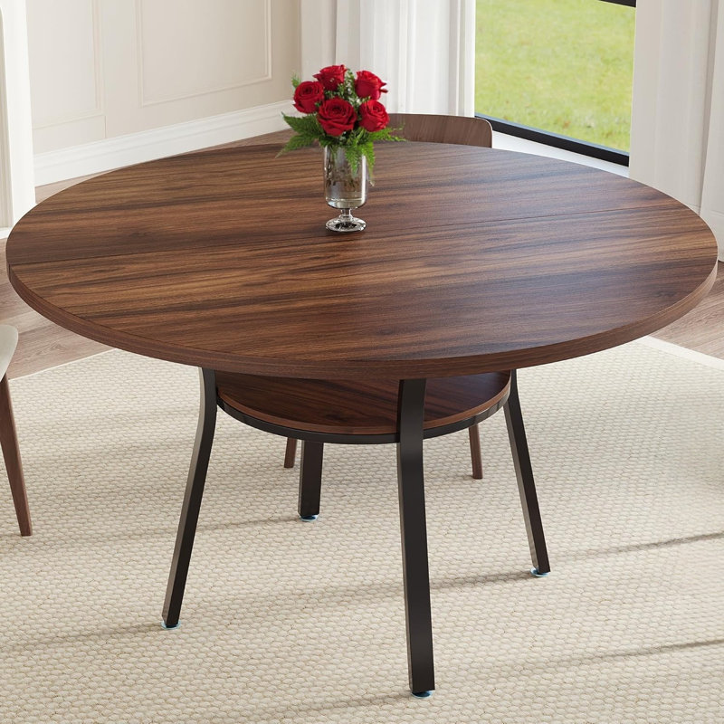 Round Metal Base Dining Table, Espresso Wood
