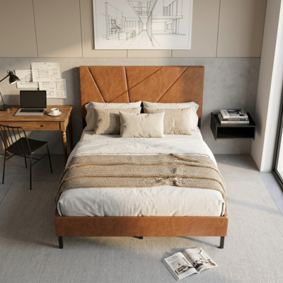 Structure de lit plateforme double en métal, lit carré à profil bas avec espace de rangement inférieur, compatible avec tous les matelas standard, ton noyer rétro
