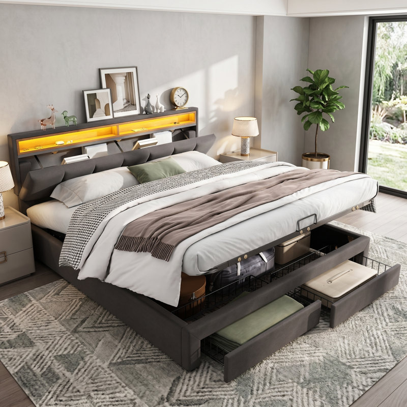 Grey Linen 6FT Super King Upholstered Bed with LED Lighting, Hydraulic Storage, Drawers, Stowable Foam Headboard, 180x200 cm