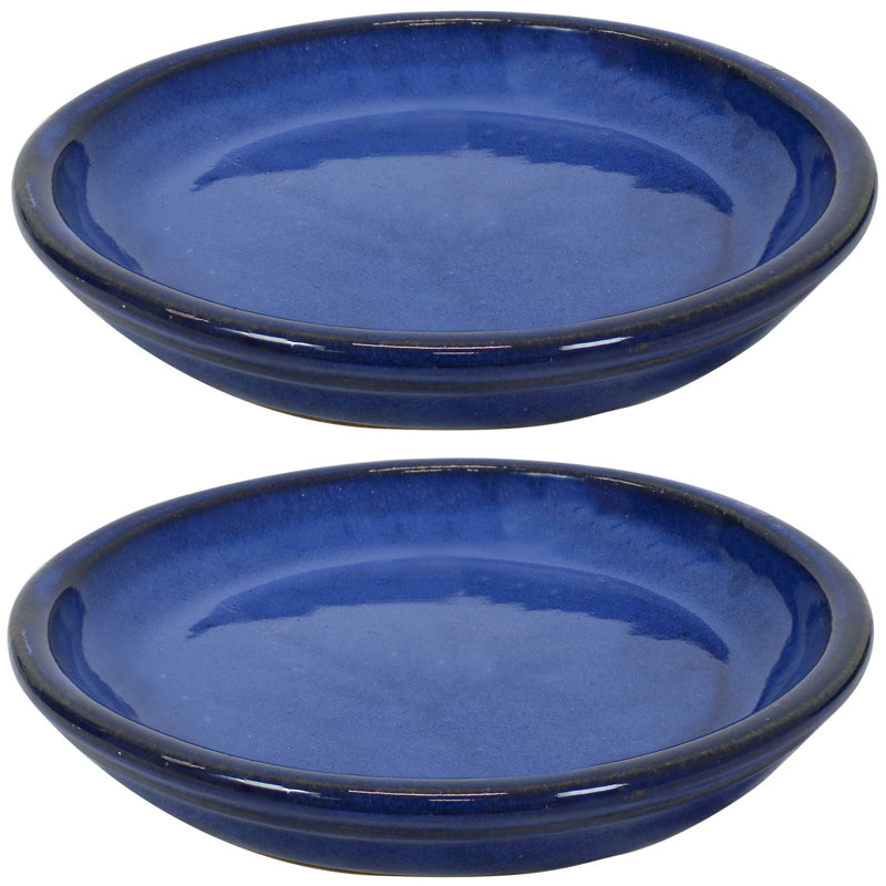 Ensemble de 2 pots à fleurs ronds en céramique émaillée - convient aux jardinières de 7 po - Bleu, bleu