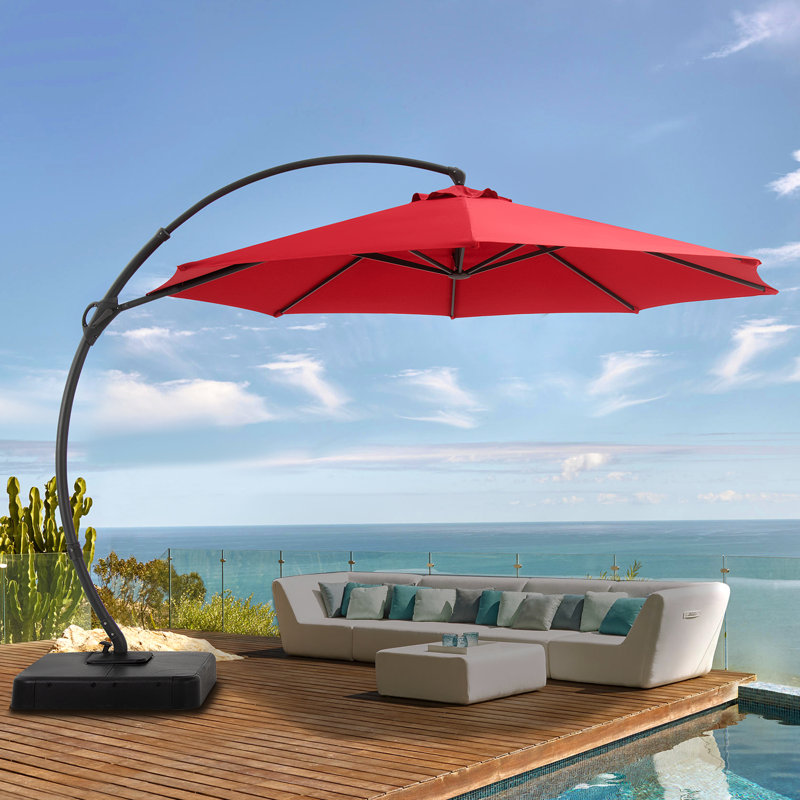 Parasol en porte-à-faux Ebonique avec base incluse, Rouge, H 106,3 po x l 132 po x P 132 po, Plastic Base