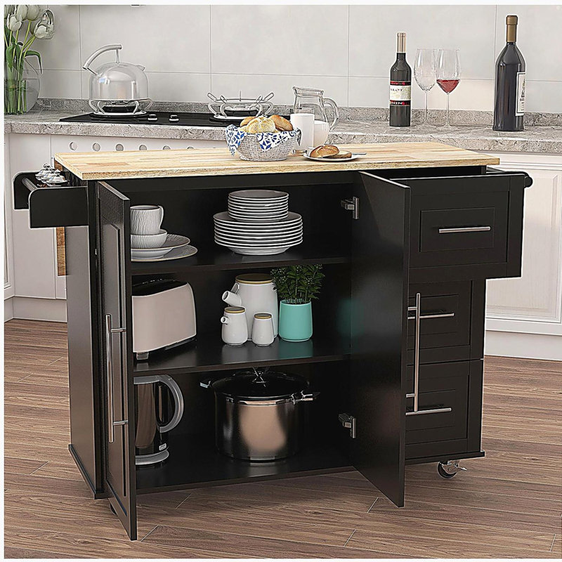 Kitchen Island with Spice Rack, Towel Rack and Extensible Solid Wood Table Top-Black, Black