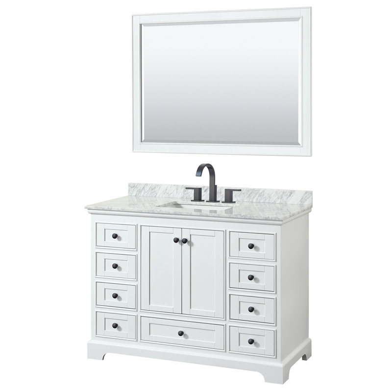 Deborah 48'' Single Bathroom Vanity with Marble Top with Mirror, Matte Black, White