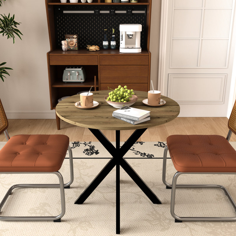 Table de salle à manger ronde 31,5 pouces, petite table de cuisine circulaire avec pieds en métal noir pour 2 à 4 personnes, table de salle à manger moderne, brun (table seulement)
