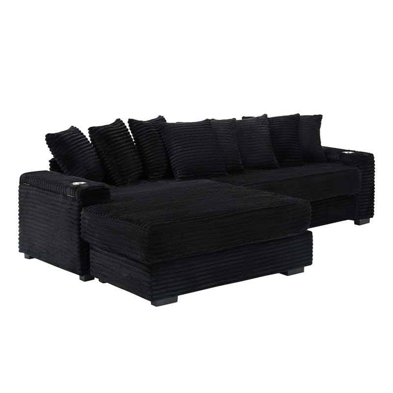 Fauteuil inclinable moderne en velours côtelé noir, accoudoir avec porte-gobelet et rangement, méridienne réversible pour le salon, chambre à coucher Matériaux, accoudoir de rangement, confortable et élégant