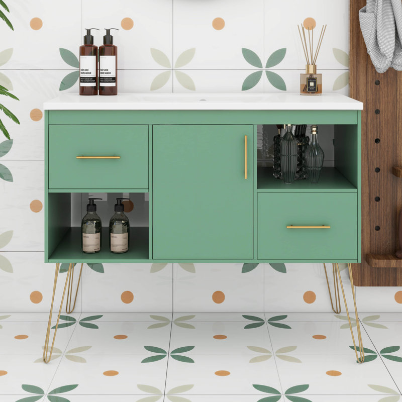 Meuble-lavabo de 36 pouces avec lavabo en résine, meuble de rangement autoportant avec une porte, 2 tiroirs, 2 compartiments de rangement