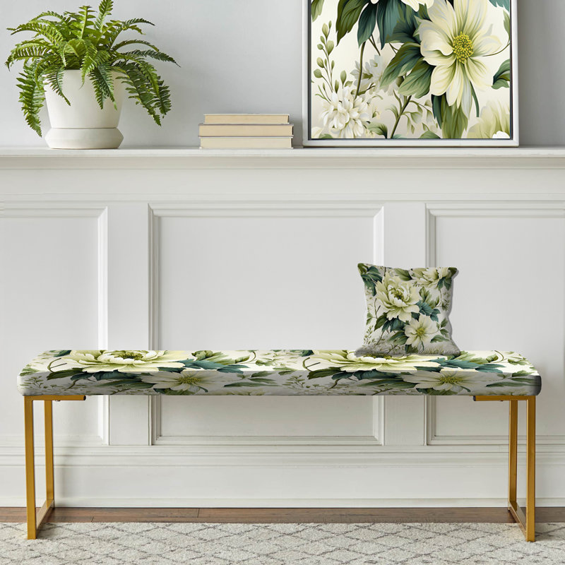 Green And White Damask Euphony - Damask Upholstered Gold Bench
