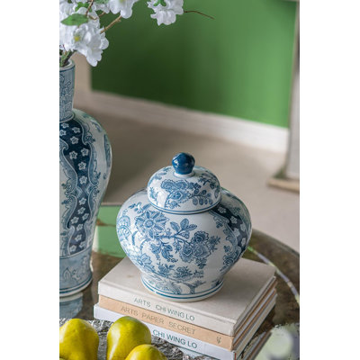 Porcelain Lidded Jar with Floral Patterns - 9"Dia. x 9" - Blue /White