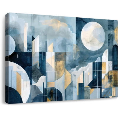 Art mural moderne et abstrait sur toile bleu, paysage urbain géométrique, peintures encadrées, minimalisme, impressions d'art pour le salon, chambre à coucher, bureau, décoration, 24 x 16 po