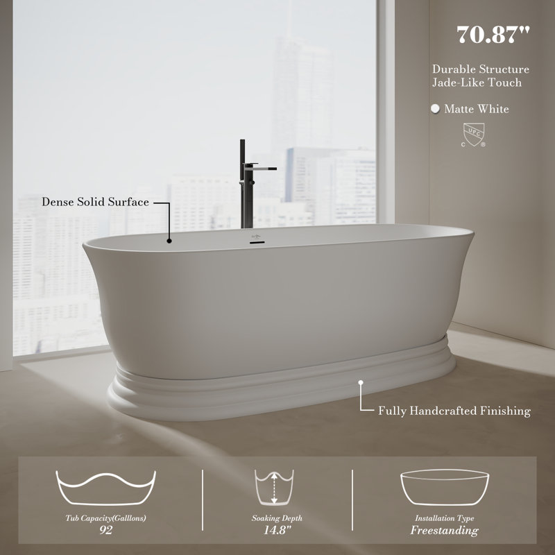 Baignoire autoportante blanche MonBlari 71 po x 31,5 po en surface solide avec trop-plein et bonde rétractable pour salle de bain