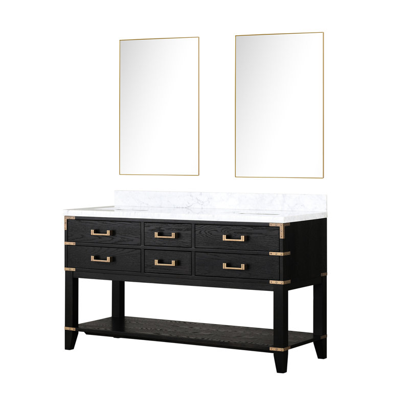60 po L x P 22 po Meuble-lavabo double en chêne noir avec plateau en marbre et miroirs - poli, scellé pour la longévité, fermeture en douceur, rangement abondant de 60 po x 22 po avec 4 tiroirs de 28 po et tablette ouverte