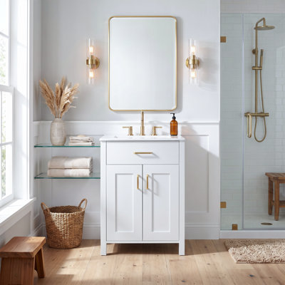 Meuble-lavabo de salle de bain standard 24 po en bois massif et panneau de fibres à densité moyenne, blanc, avec lavabo en céramique, tiroir rabattable, tiroirs à fermeture en douceur et tablettes à deux niveaux, robinet non inclus
