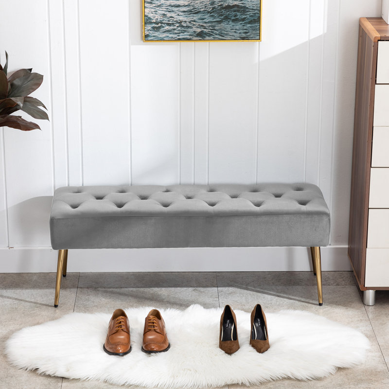 Velvet Upholstered Bench, Grey