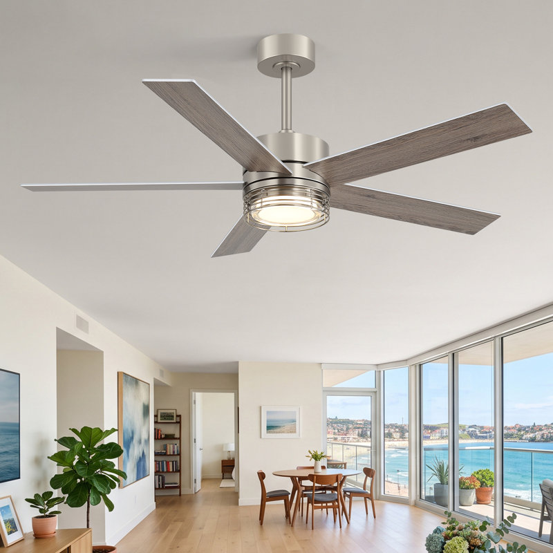 Ventilateur de plafond de 132 cm avec éclairage et télécommande, éclairage DEL 3CCT à intensité variable, moteur CC réversible à 6 vitesses, fini noir/imitation bois