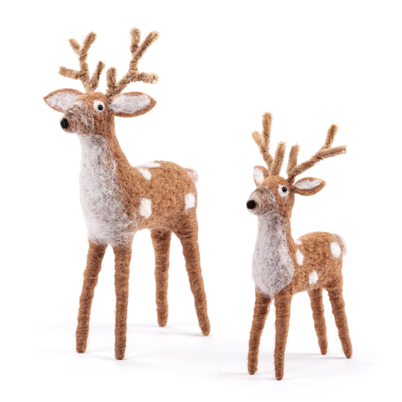 Handcrafted Brown and White Felted Wool Deer Figurine Set