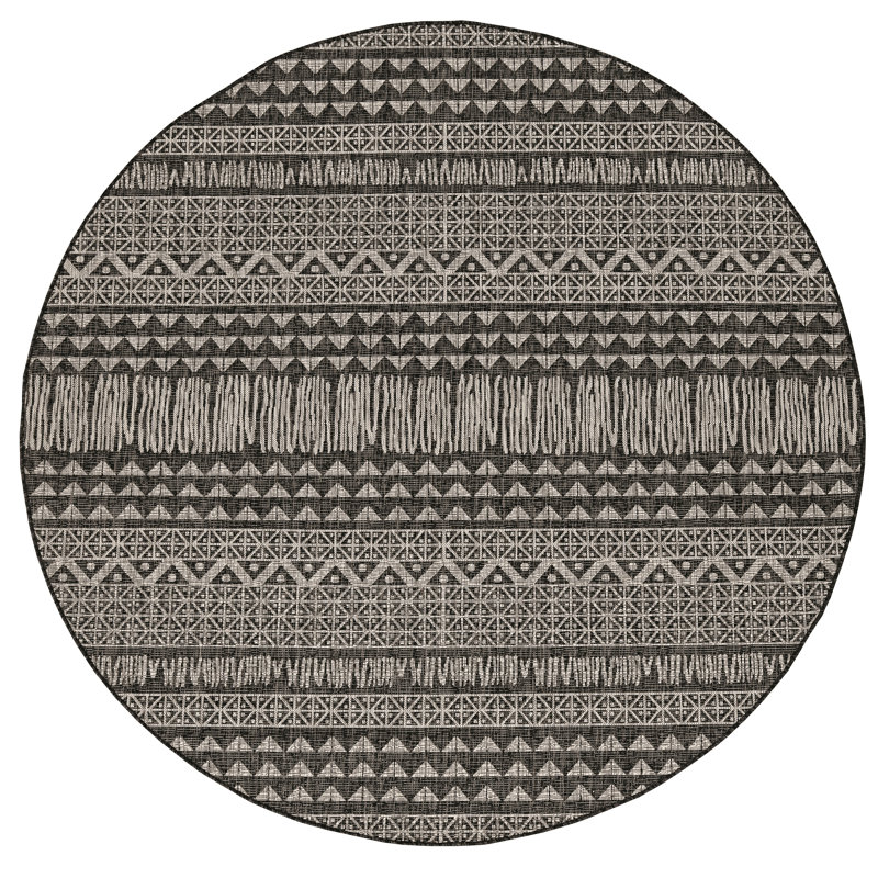 Sedona Boho Striped Charcoal/Natural Indoor/Outdoor Performance Area Rug, Round 7'10"