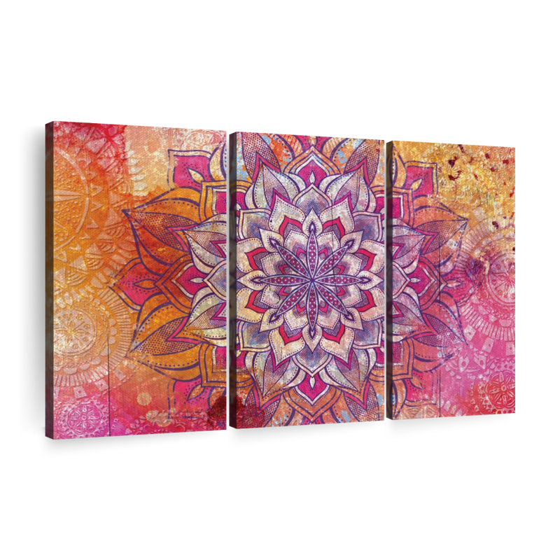 Ensemble de 3 pièces mandala en fleurs sur toile par NirvanaDesigns, H 48 po x l 74 po x P 1,25 po