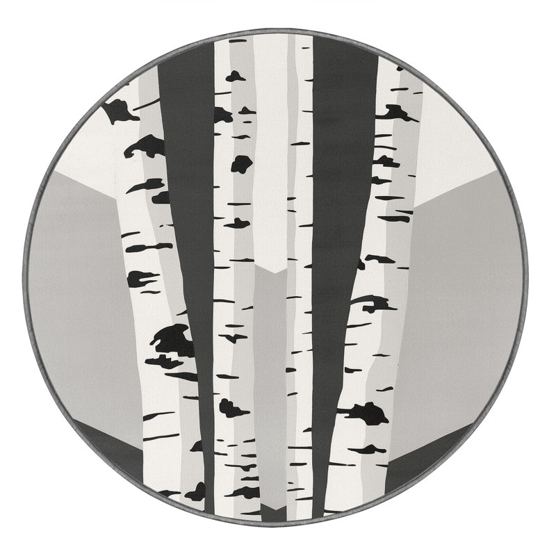 Machine Washable Oyan Birch Tree Scandinavian Striped Rug in Gray – Gray Binding, 8' Round