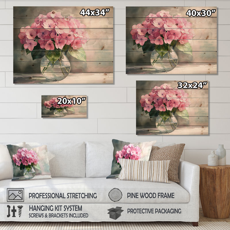 Hortensias dans un vase en verre III - Art mural en bois d'hortensias - sur bois de pin naturel, H 34 po x l 44 po