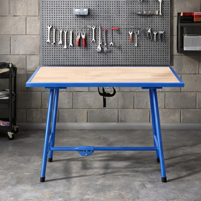 Rich Blue Steel Foldable Work Bench with Solid Wood Top, 300 kg Capacity, Ideal for Workshop Assembly and Packing Tasks