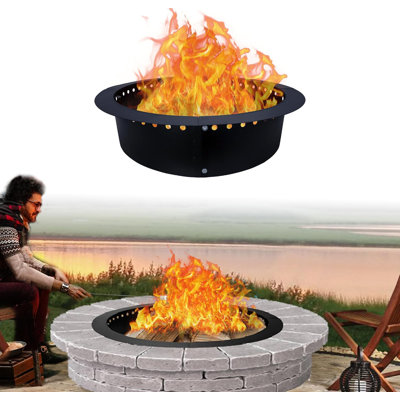 Anneau de foyer rond en acier au carbone de 117 cm (46 po) avec aérations, hauteur 25 cm (10 po), noir