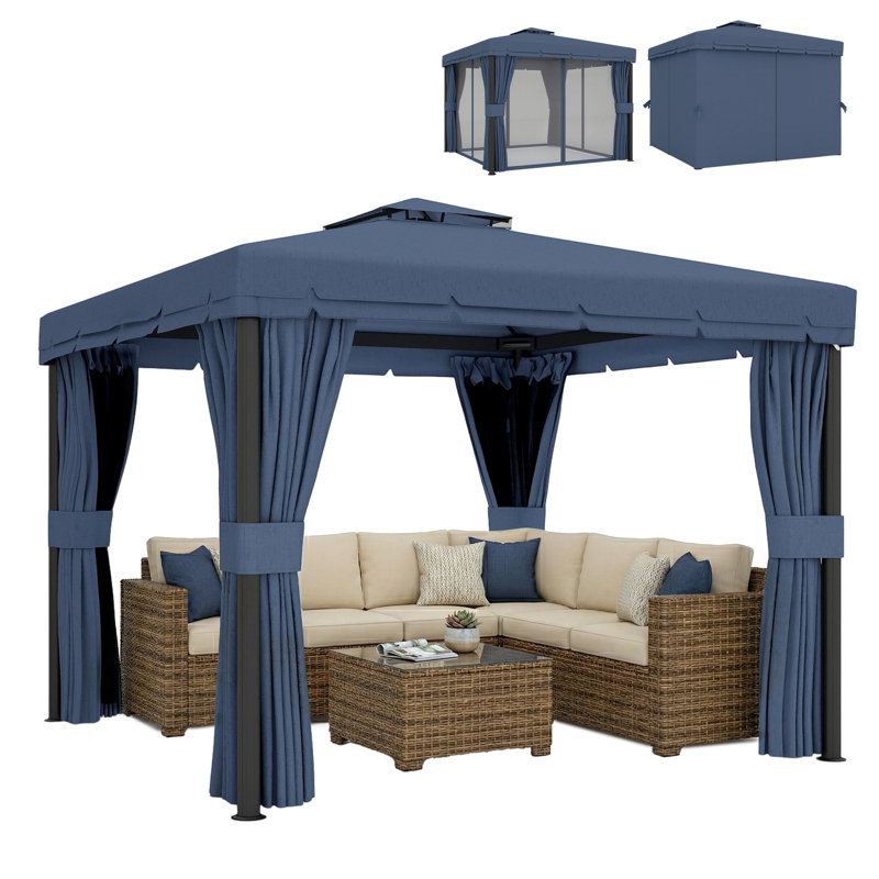 Outsunny 3 x 3 (m) Patio Gazebo Canopy with 2 Tier Roof, Dark Blue