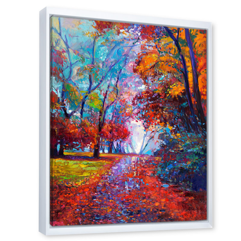 Petite route à travers le paysage d'automne rouge - peinture sur toile, H 40 po x l 30 po x 1,5 po, Cadre flottant blanc