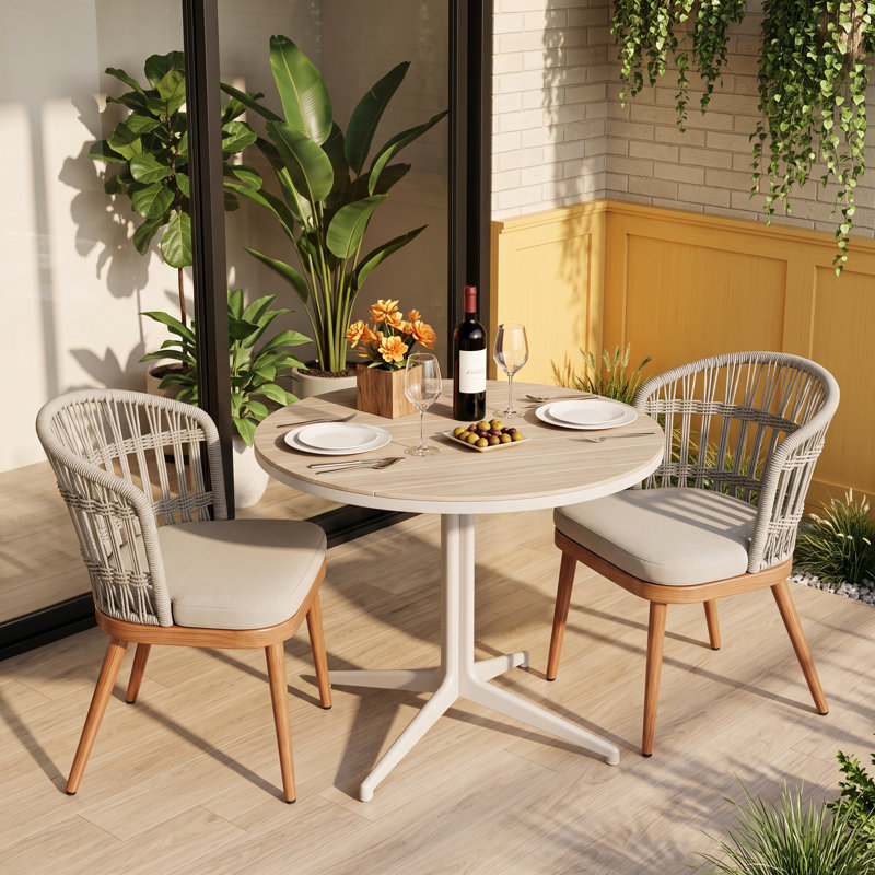 Ensemble de 2 chaises de salle à manger d'extérieur avec dossier en corde tressée, sièges rembourrés et structure aspect bois